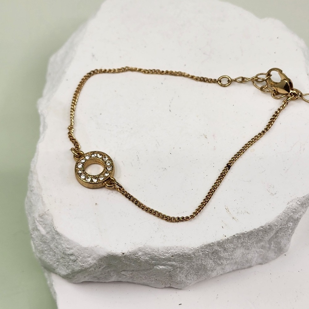 Gold Tone Rhinestone Circle Bracelet Adjustable Dainty Minimalist Glam 7 Inch